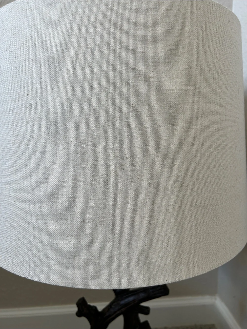 Neutral Oatmeal/ Light Sand Drum Shade Table Lamp with Dark Wood Branch Base